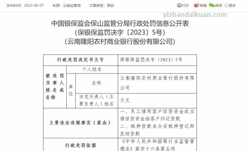 云南隆阳农商银行被罚60万：因抵押贷款未办妥抵押登记即发放贷款等